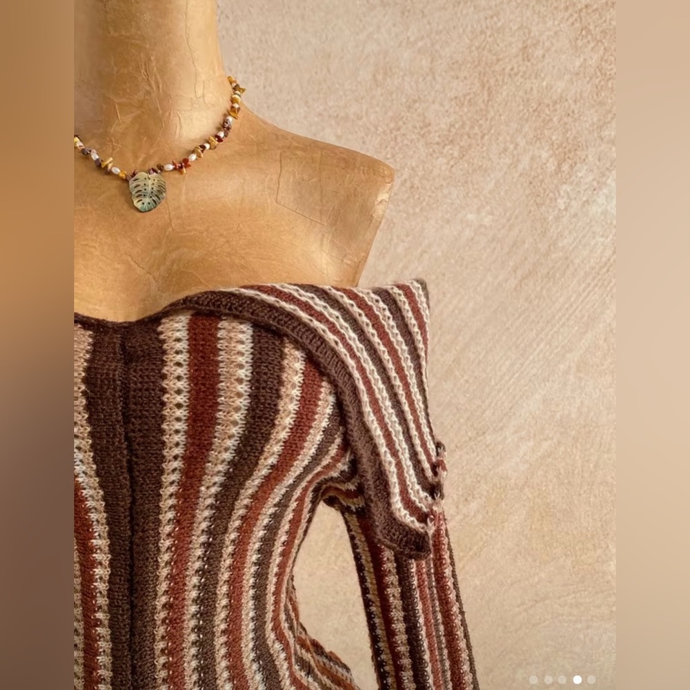 Striped Brown Off-Shoulder Sweater New Boutique - Picture 2 of 6
